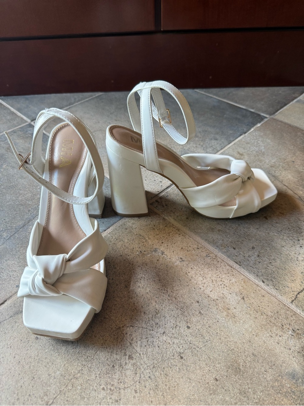 MIA White Knotted Block Heel Sandals with Ankle Strap